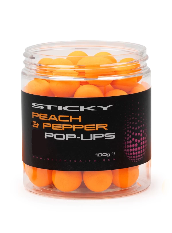 Sticky Baits Peach & Pepper Pop-Ups 12mm 100gr Pot 1 Sticky Baits Peach & Pepper Pop-Ups 12mm 100gr Pot