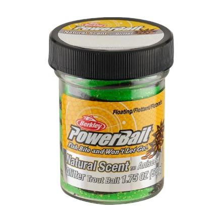 Berkley PowerBait® Natural Glitter Trout Bait 50g Anise Black Spring Green Twist 1 Berkley PowerBait® Natural Glitter Trout Bait 50g Anise Black Spring Green Twist